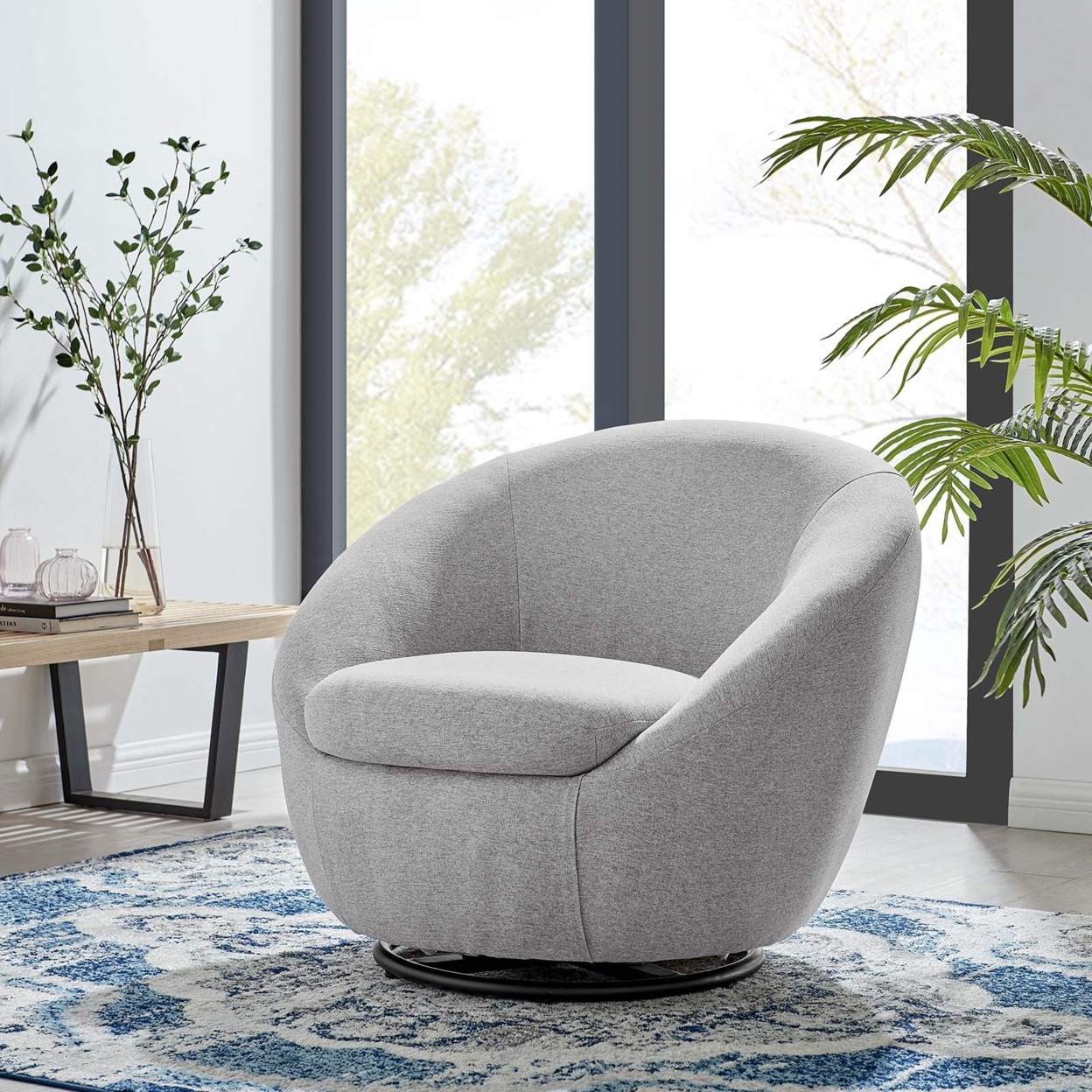 Modway Buttercup Upholstered Fabric Swivel Chair in Black/Light Gray